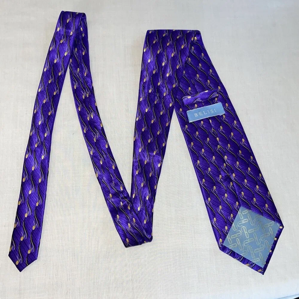 Belisi Men’s Dress Tie Size 57” Purple Wave Pattern Silk Business Formal Party